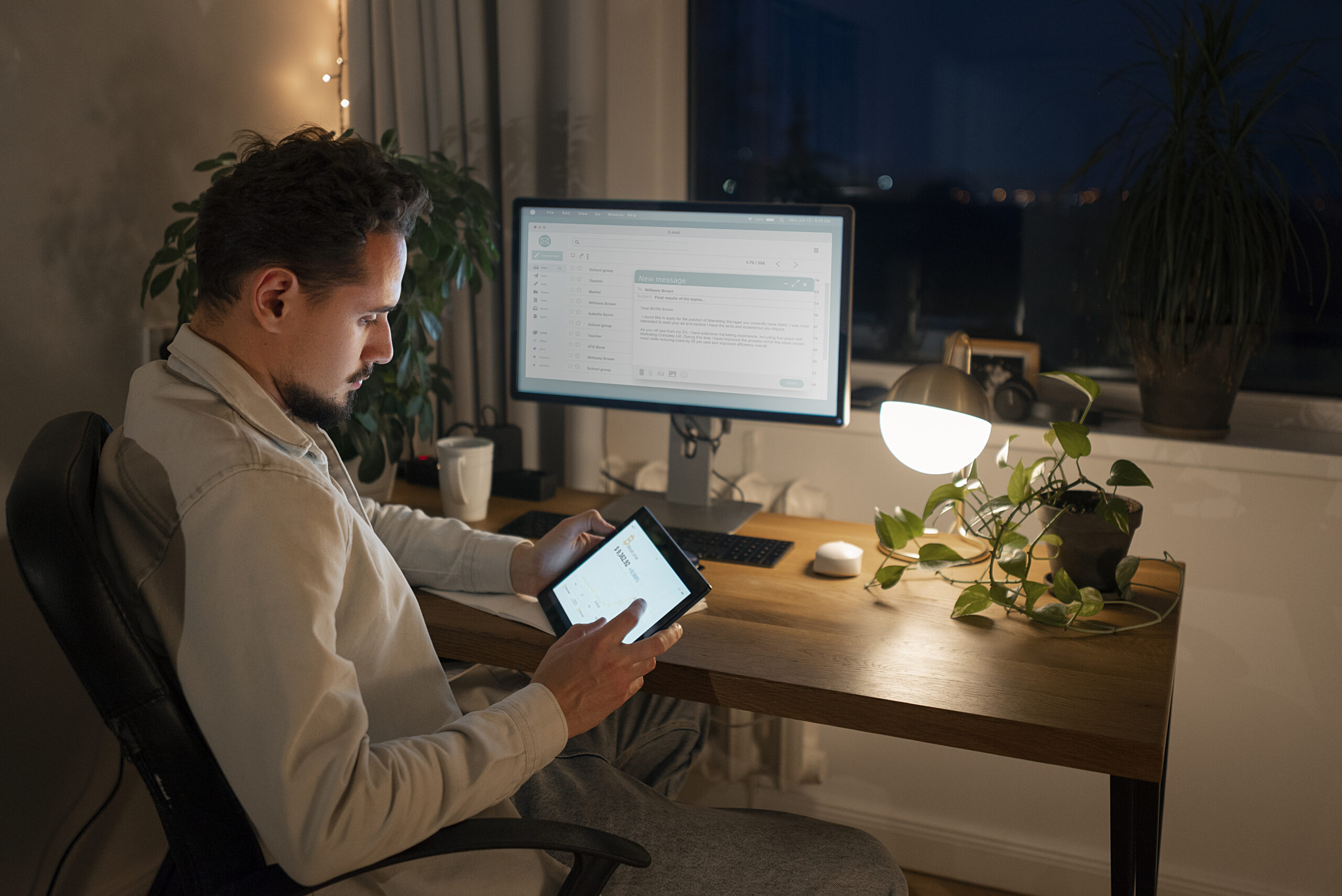 Remote employee sitting in front of work station showing files